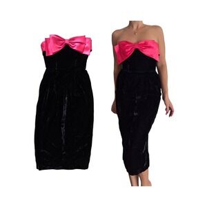 VTG 80s Prom Black Dress XS crushed velvet pink bow Rockabilly Coquette Retro